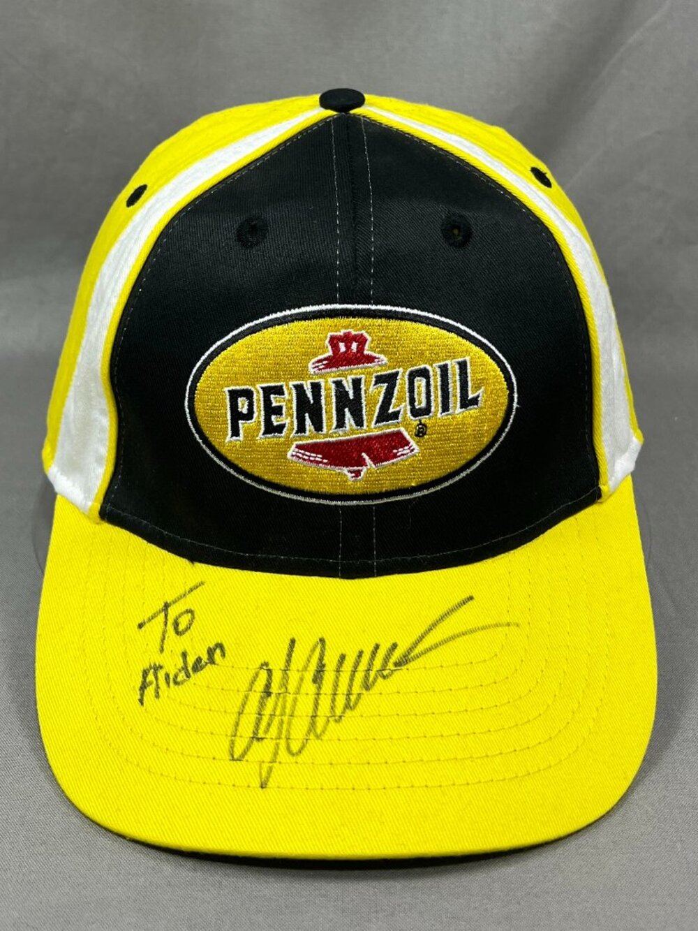 Vtg Pennzoil Marco Cap Strapback Motor Oil Racing Hat Yellow Signed Motorsports
